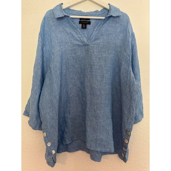 TAHARI 100% Linen Collared‎ 3/4 Sleeve Side Buttons Top Shirt 3XL - Picture 1 of 10